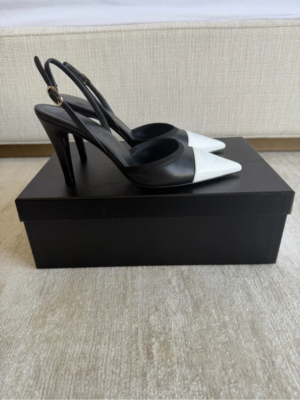 CHANEL Black & White Pointed Toe Slingback Pumps